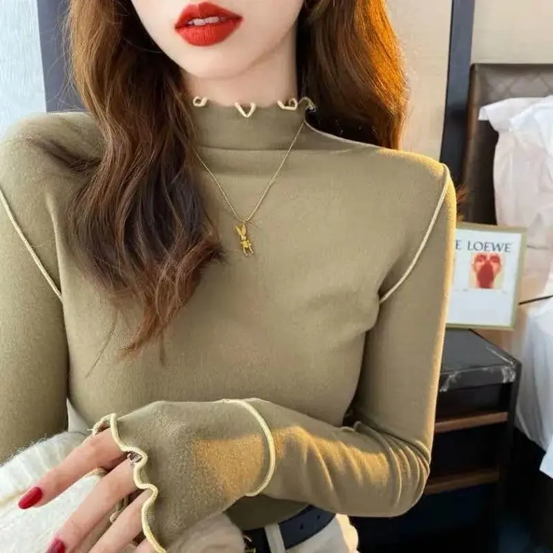 Double-Sided Wear German Velvet Long Sleeve Half-High Collar Women's Base Shirt Warm Winter T-Shirt Korean Style Slim Fit