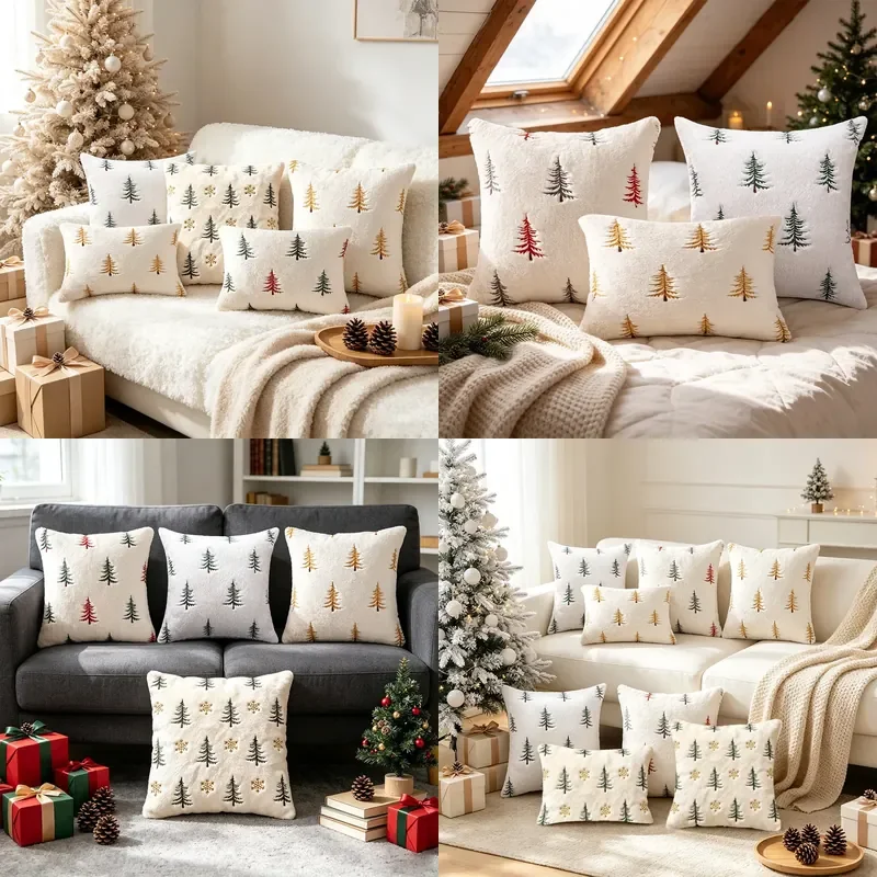 Cross-border Christmas pillow cover Christmas tree embroidery decorative pillow cover plush quilted sofa cushion cover
