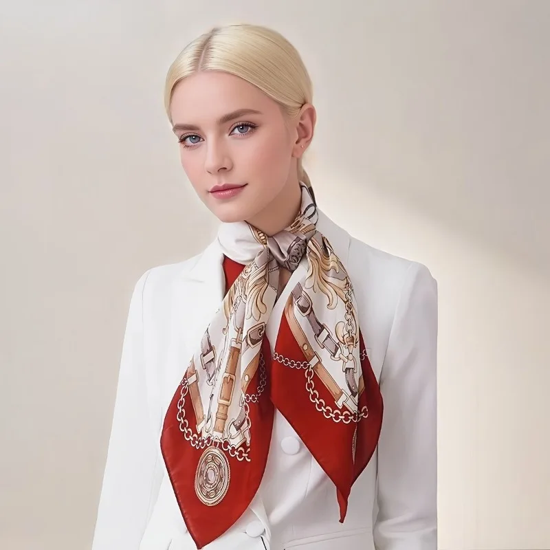 

100% Mulberry Silk Scarf 35" Square Headscarf Women’s Hair Wraps Travel Shawl (88*88cm) With Gift Packed Burgundy Chain Print