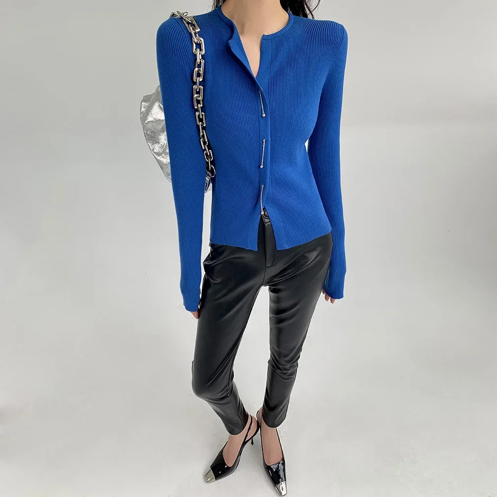 Fashion Klein Blue Knit Sweater Top New 2024 Spring Women\'s Vintage Slim Black Knitted Pullovers Jumpers Lady Tops