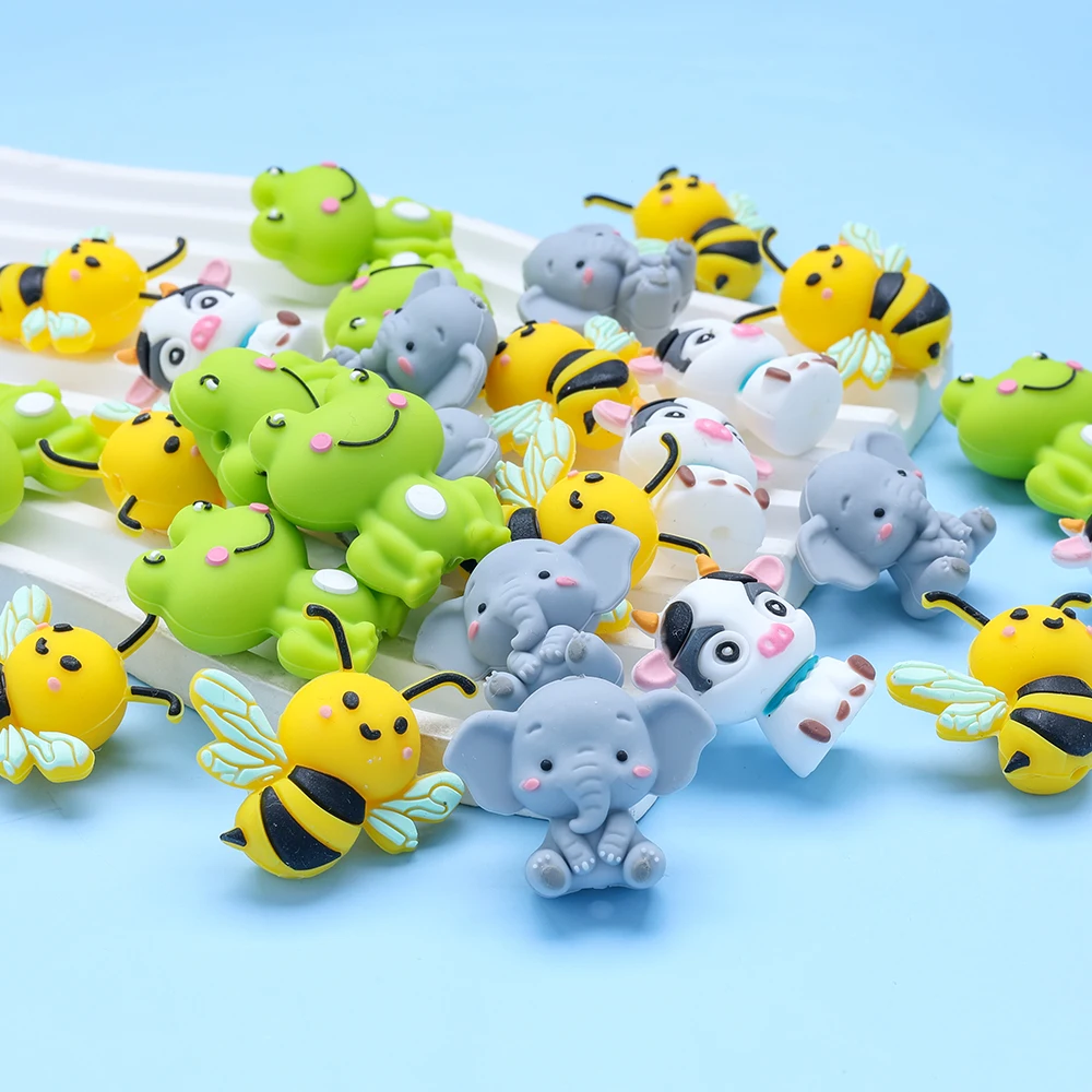 4Pcs 3D Animal Themed Silicone Beads Cow Elephant Frog Bee For DIY Baby Pacifier Chain Accessories Jewelry Making Accessories
