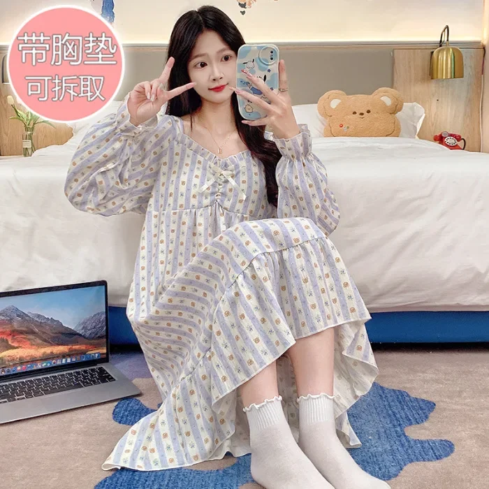 Plus Size Women Spring and Autumn Loose Home Dress with Chest Pad Sweet Princess Style Long Sleeve Pajamas Nightdress Loungewear