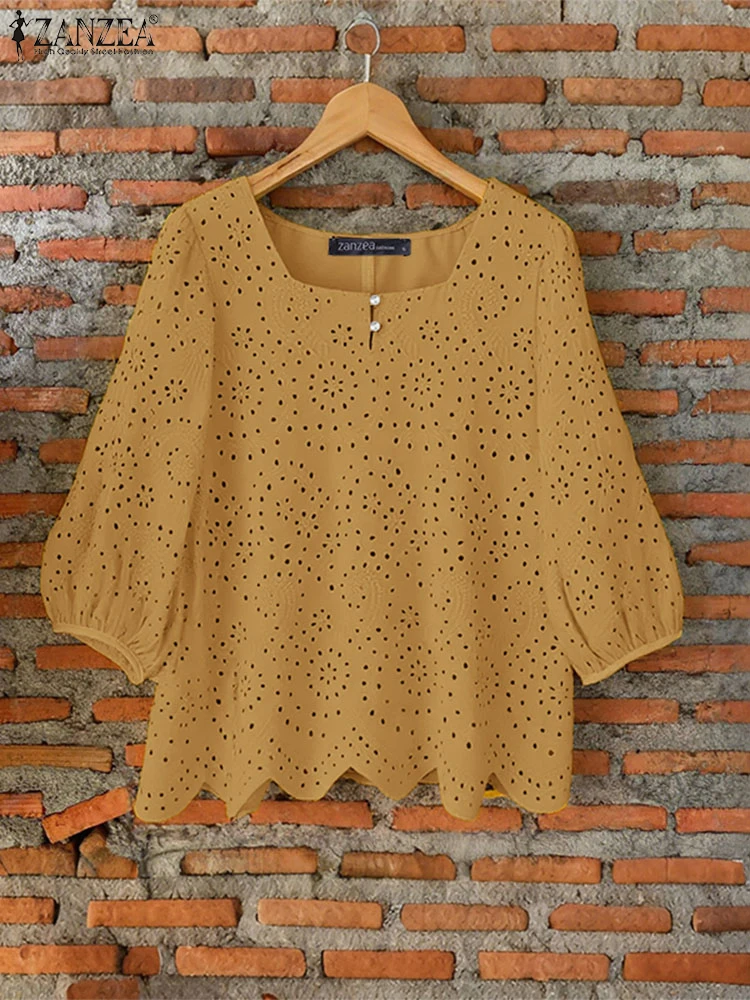 ZANZEA Vintage Blusas Women Lace Cotton Top Fashion 3/4 Sleeve O Neck Blouse 2025 Autumn Solid Color Tuinc Casual Loose Pullover