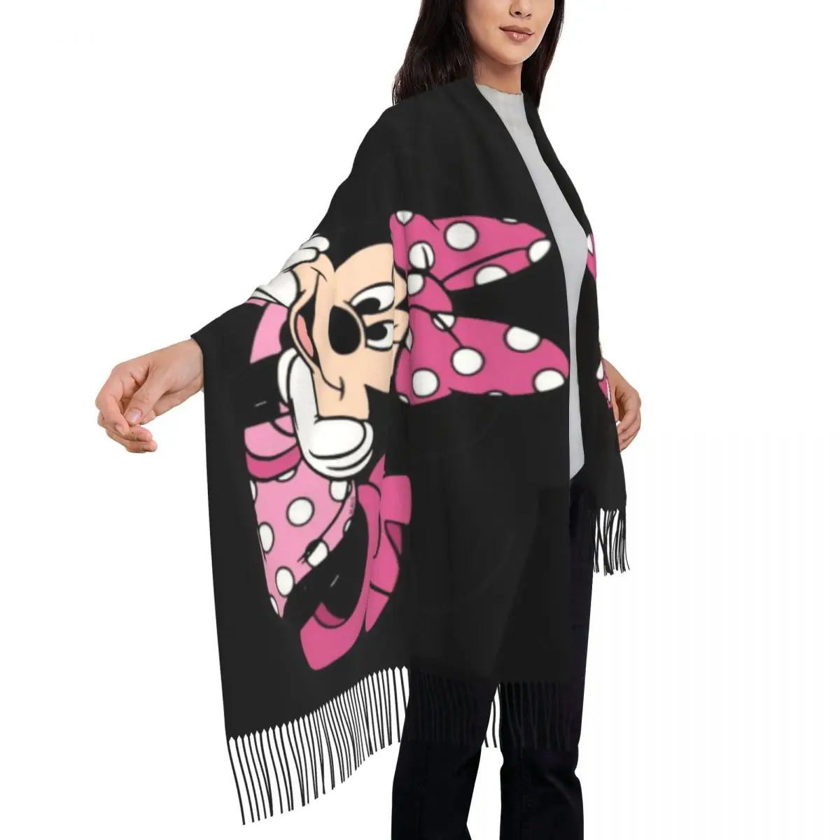 Custom Mickey Mouse Minnie Tassel Scarf Women Soft Disney Cartoon Shawl Wrap Lady Winter Fall Scarves