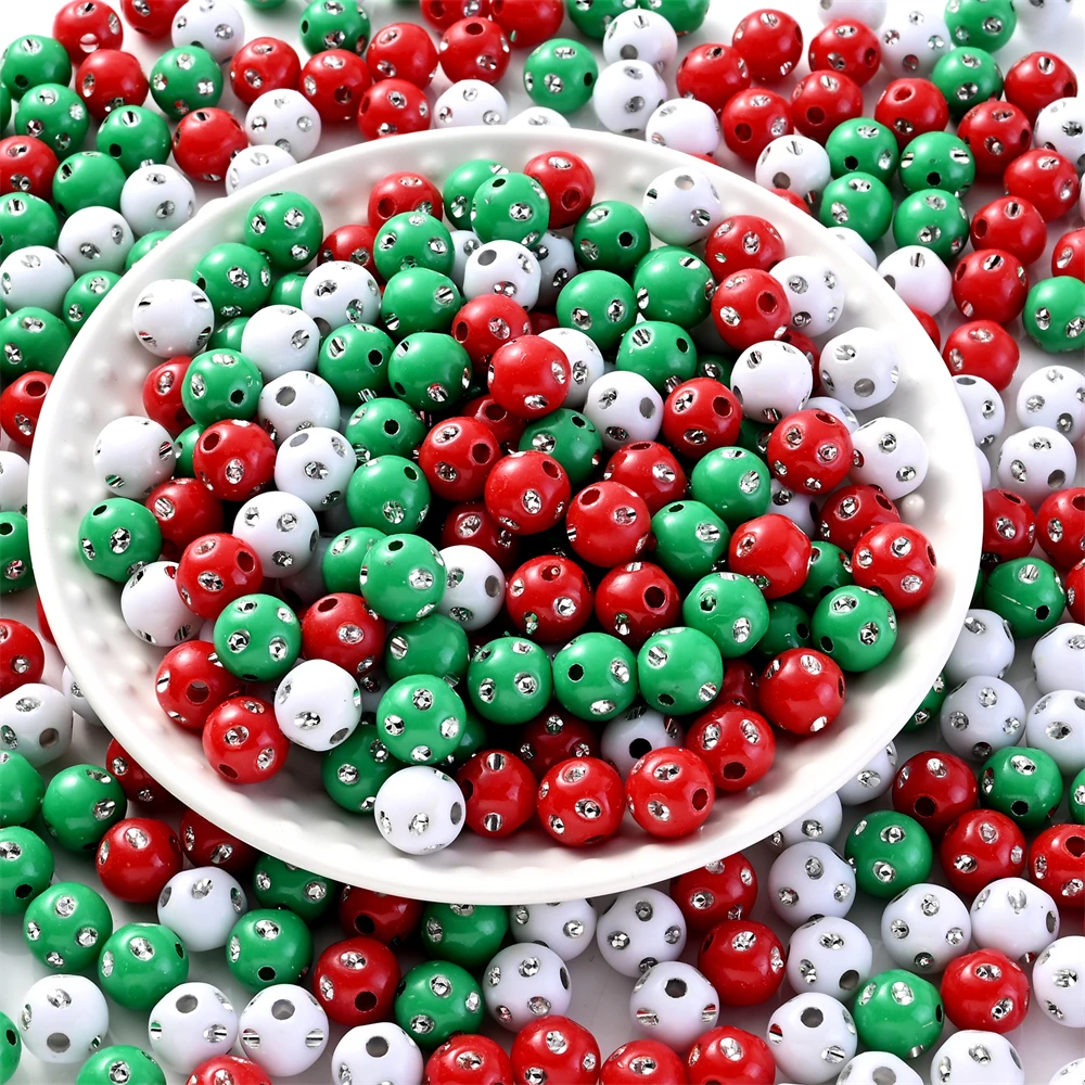 Christmas Rhinestone Inlaid Acrylic Round Beads 8/10mm Loose Spacer Beads For DIY Jewelry Making Xmas Garland Handcraft Supplies