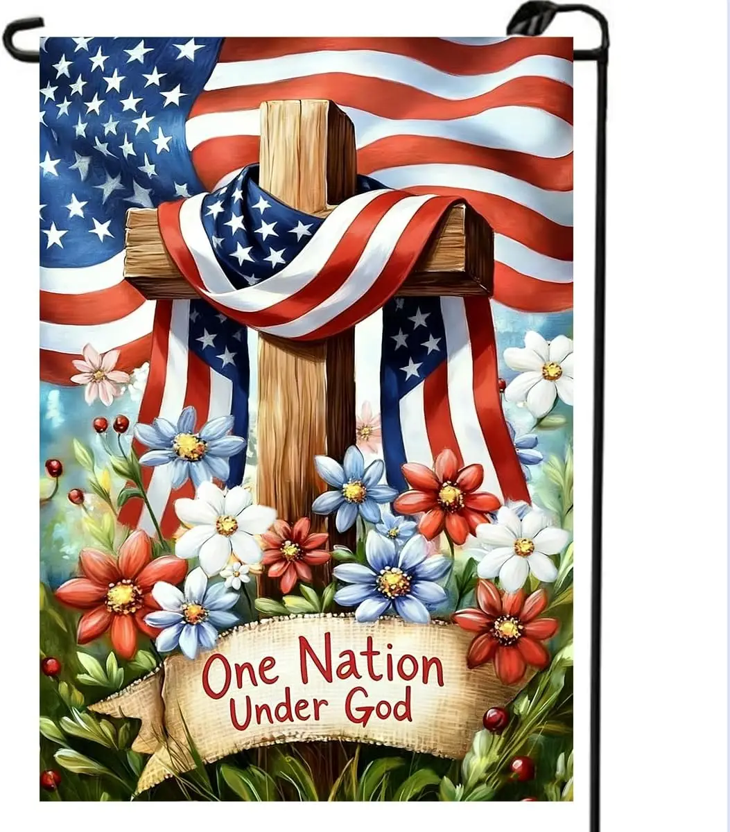 4th of July Patriotic Cross Flowers Garden Flags 12x18 Double Sided, Small Burlap Holiday Summer Independence Day Memorial D PPZ