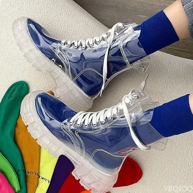 2022 Cool Fashion Women Transparent Platform Boots Waterproof Ankle Boots Feminine Clear Heel Short Boots Sexy Female Rain Shoes