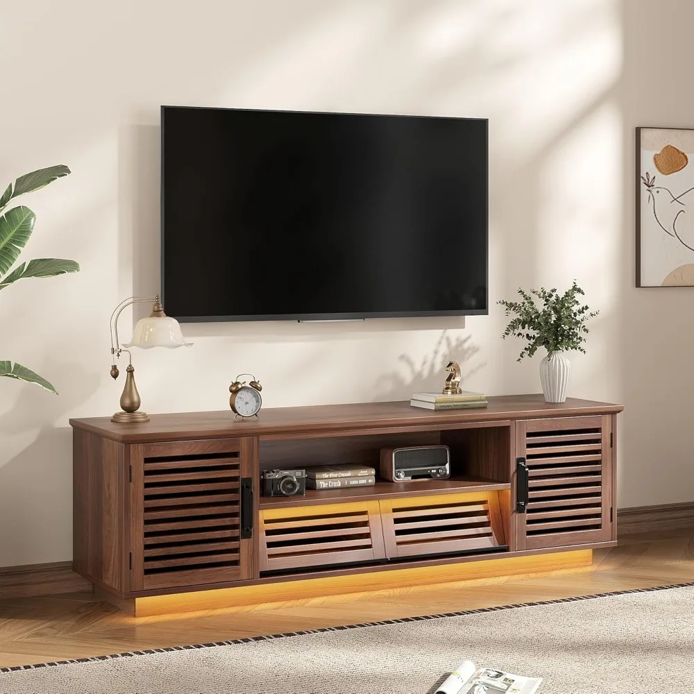 

59 Mid Century Modern TV Stand, with Slatted Grille Drawers and Doors, TV Media Console with LED Lights for 50/55/60 inch TV