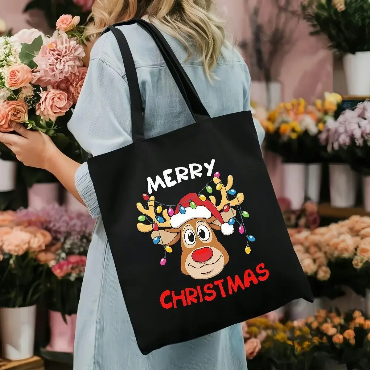 Women Women Holiday Canvas Shoulder Bag Merry Christmas Rudolph Reindeer Light Print Casual Grocery Shopping Tote Bag - Aliexpress Deal
