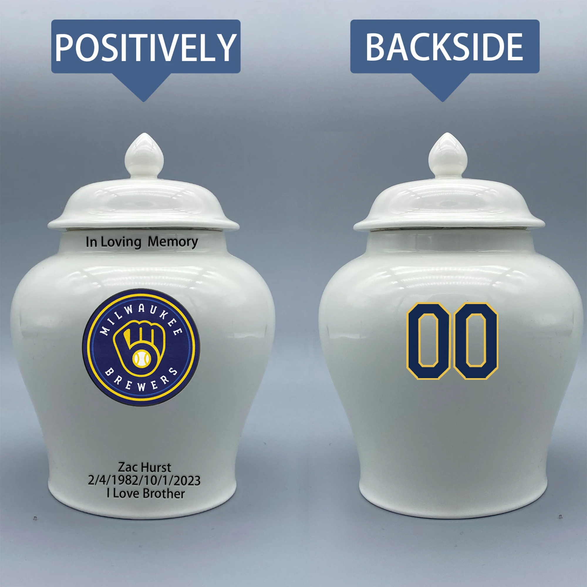 

Medium Urn for Milwaukee Brewers-themed Logo Urn.Please send me the customize information-name/date and number on the urn