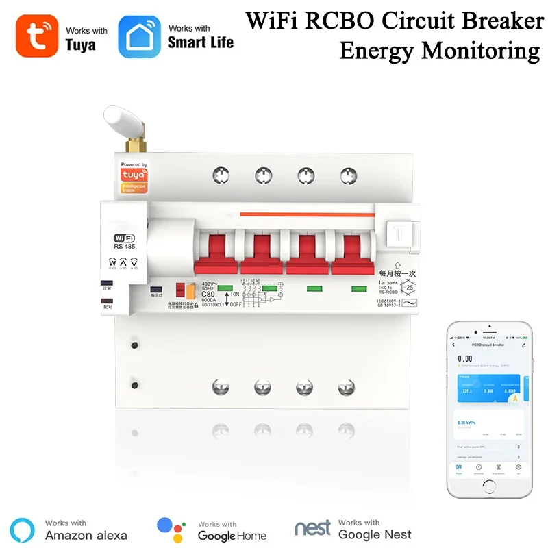 Tuya Smart Life APP RCBO Circuit Breaker with Power Monitoring 4P WiFi RCBO MCB Leakage Current Short Circuit Protection Alexa