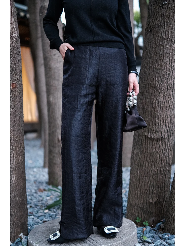 

Silk Cotton Pants Elastic Waist New Chinese Sle Warm Slim Straight Leg Long Pants Women's Outerwear Non-removable Inner
