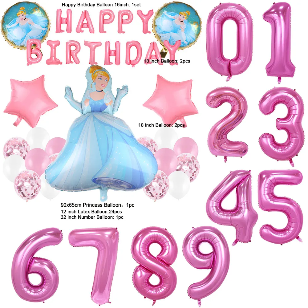 Fairy Tale Cinderella Princess Theme Happy Birthday Party Decoration Number Aluminum Foil Balloon Baby Shower Photography Props