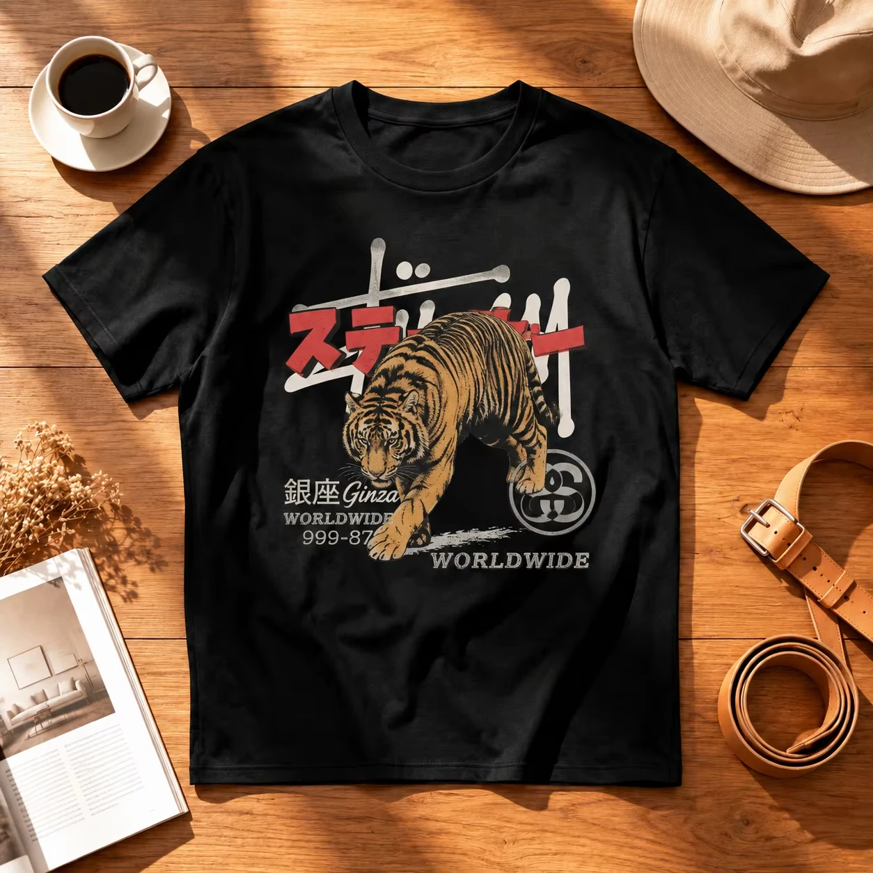 2026   Vintage Japanese Tiger Graphic Printed Short Sleeve, Retro Street Cotton Top With Asian Letter Art Design