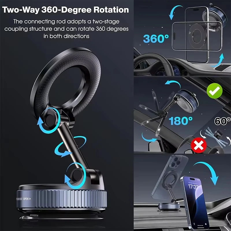 360 Vacuum Magnet Car Bracket Upgraded Version Multi-angles Adjustment Strong Magnetic Suck Foldable Car Navigation Phone Holder