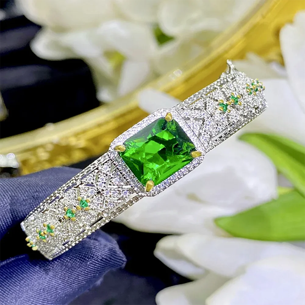 Silver Color Charm Emerald Bangle Bracelet Women Dazzling AAA Zircon Tennis Vintage Cuff