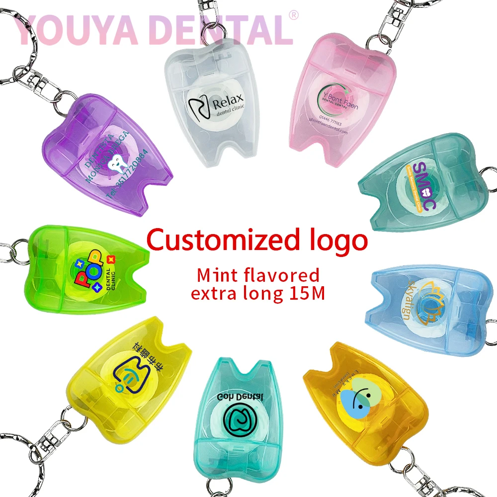 

100Pcs 15m Dental Floss Keychain Dental Floss Tooth Oral Cleaning Tooth Stick Customized Exclusive Logo Badge Dental Clinic Gift