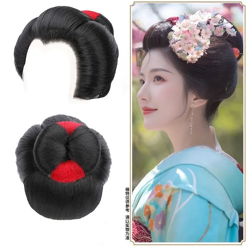 Styled Geisha Kokushibou Cosplay Wigs Black Woman Kimono Cos Heat Resistant Synthetic Hair Wigs + Wig Cap AS Role Play Prop Gift