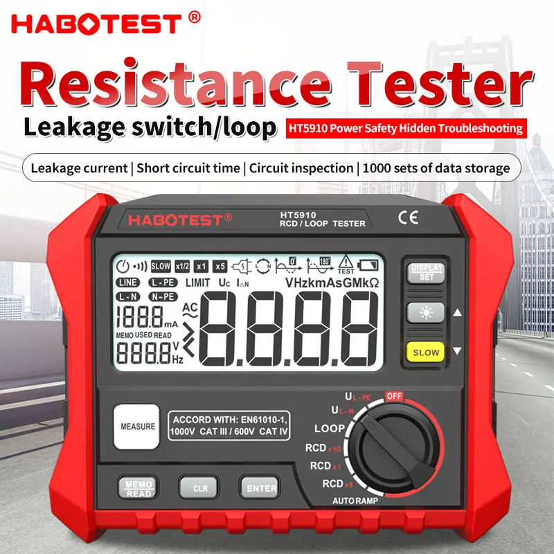 

HT5910 HT2302 4.7-inch large LCD Digital Resistance Meter RCD/Loop Tester 1000 Data Storage 0~440V Leakage Switch Tester