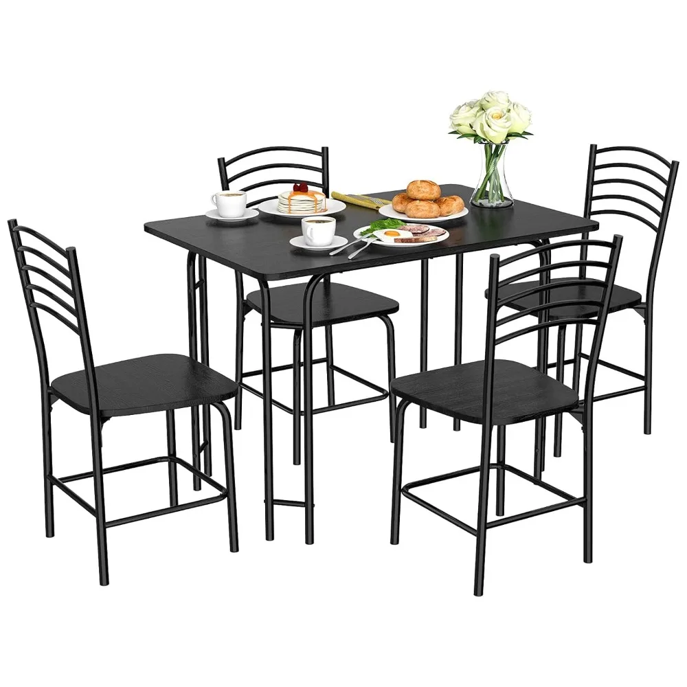 

5 PCS Dining Table Set 4 Person, Modern Kitchen Table and 4 Chairs, Wooden Top and Metal Legs, Customized