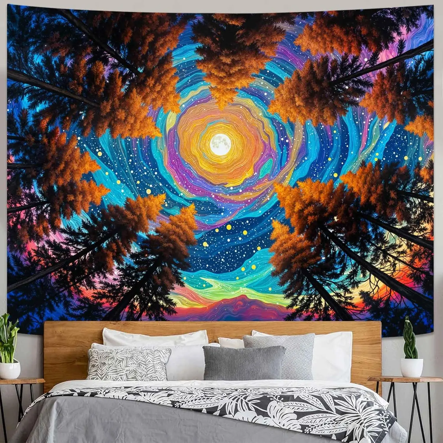 Aesthetic Galaxy Nebula Tapestry Tree Silhouette Cosmic Space Wall Hanging Polyester Decor Room Art for Bedroom