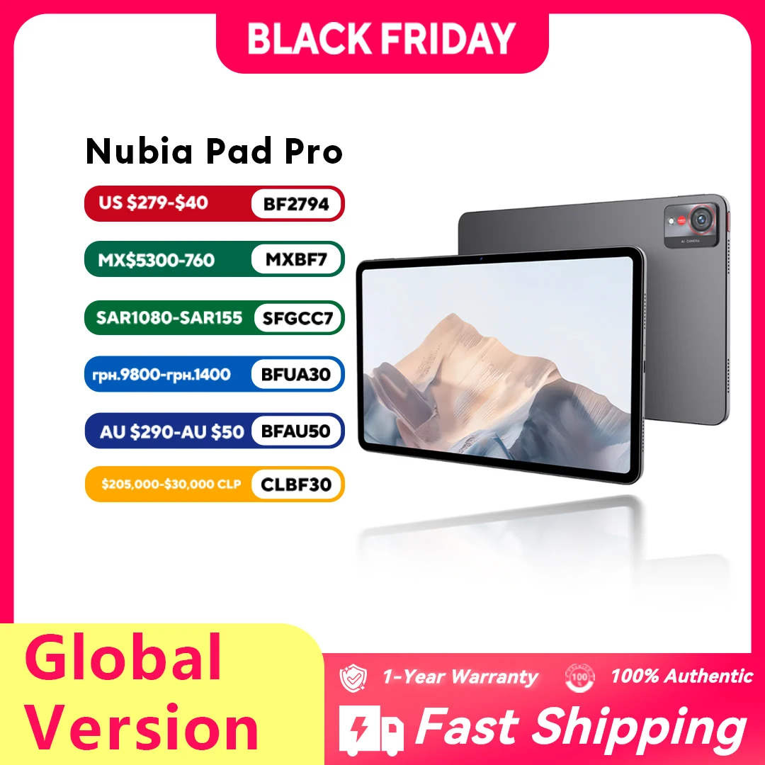 النسخة العالمية النسخة العالمية Nubia Pro Pad Snapdragon ®   8 Gen 3 10.9 بوصة 2880 × 1800 144 هرتز TFT 13MP + 20MP 10100mAh 66W NFC
