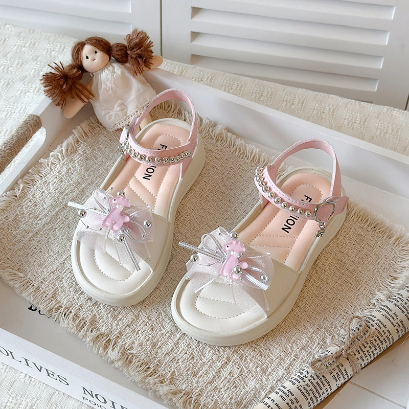 Kids Casual Sandals Sweet Lace Bows Girls Sandals Soft Bottom Versatile 2026 Summer New Children Beach Shoes Fashion Non-slip