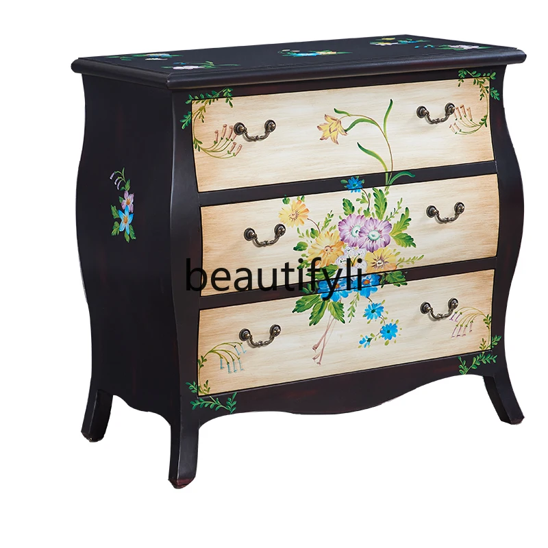 

American rural solid wood three-bucket cabinet painted Chinese side cabinet