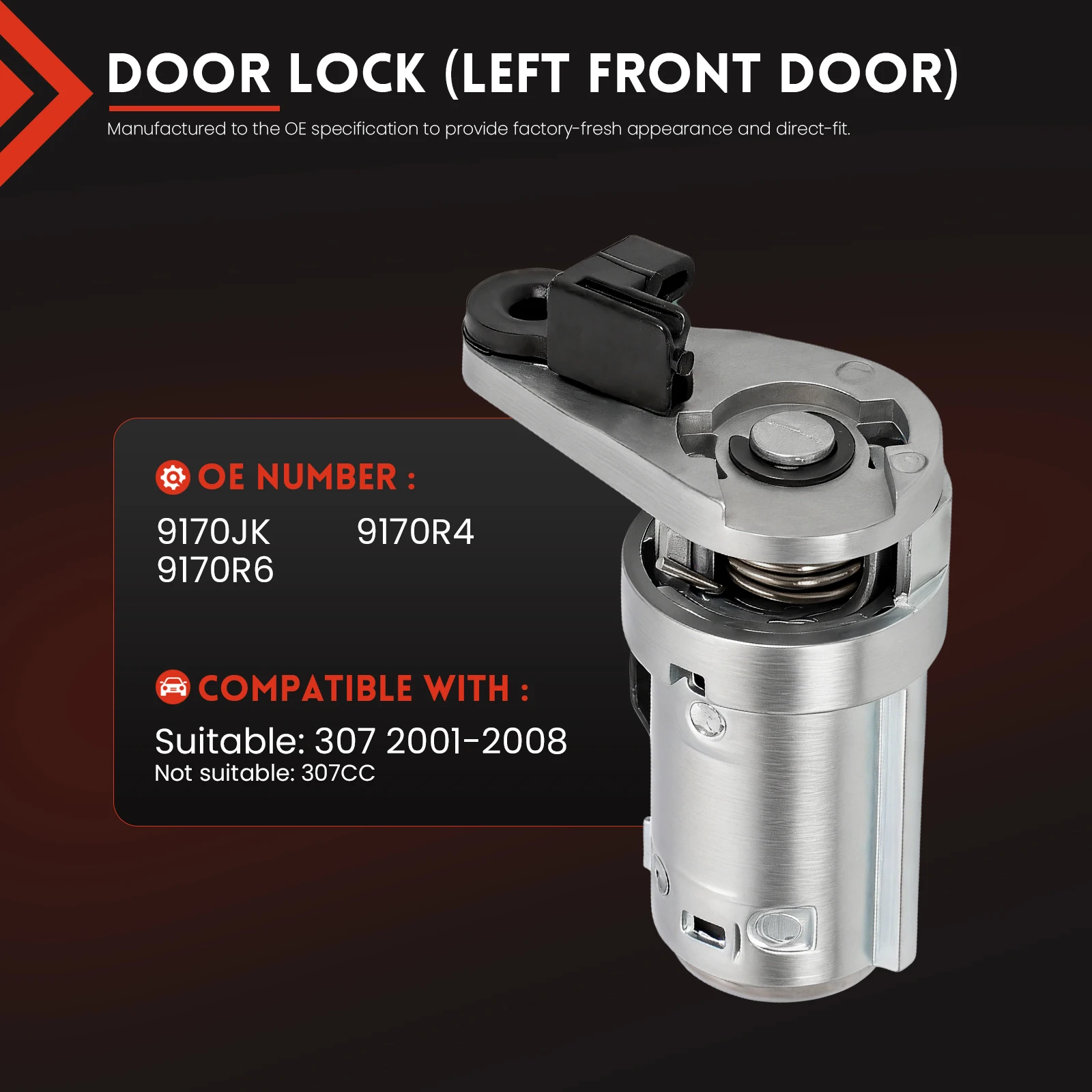 

Car Door Lock Compatible with 307 2001-2008 Front Left Driver Side Barrel with 2 Keys Replaces 9170JK, 9170R4, 9170R6