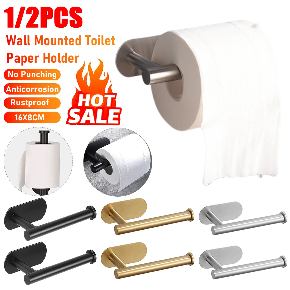 Soporte de papel higiénico montado en la pared, dispensador de rollos de toalla de papel autoadhesivo sin perforaciones, estante de pañuelos para baño y cocina, 1/2 Uds.