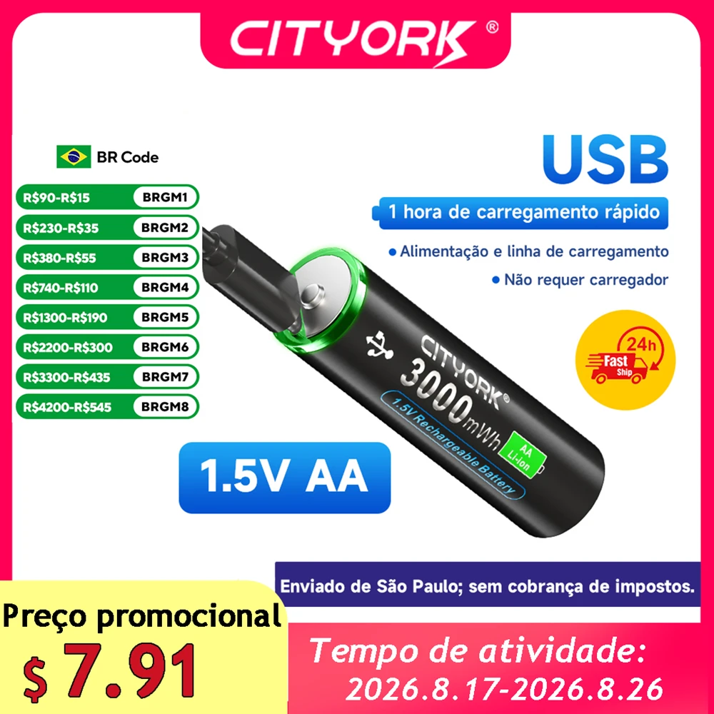 Cityork 1.5v li-ion aa bateria recarregável 3000mwh tipo c carregamento usb aa bateria de lítio aa 2a célula para mp3 player termômetro