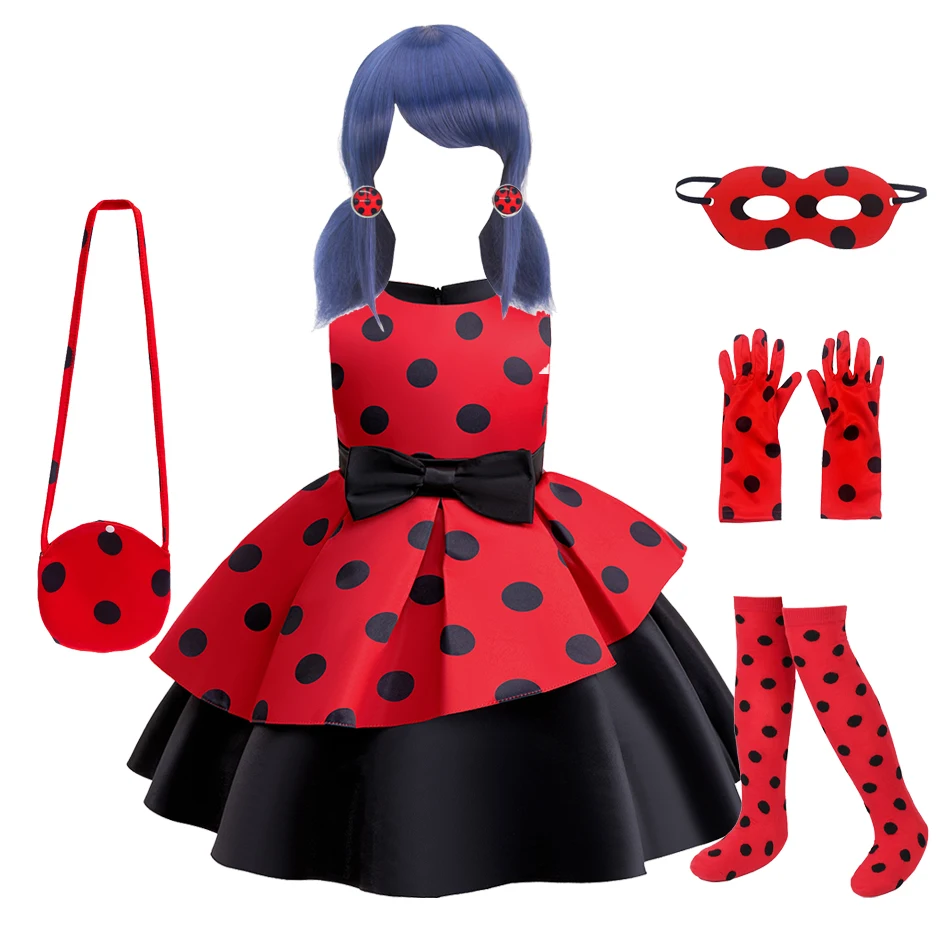 

Божья коровка, аниме-костюм, комплект с сумкой, серьгами, перчатками, маской крыльями, красное платье в горошек с черным бантом для девочек, комплект для ролевых игр на Хэллоуин