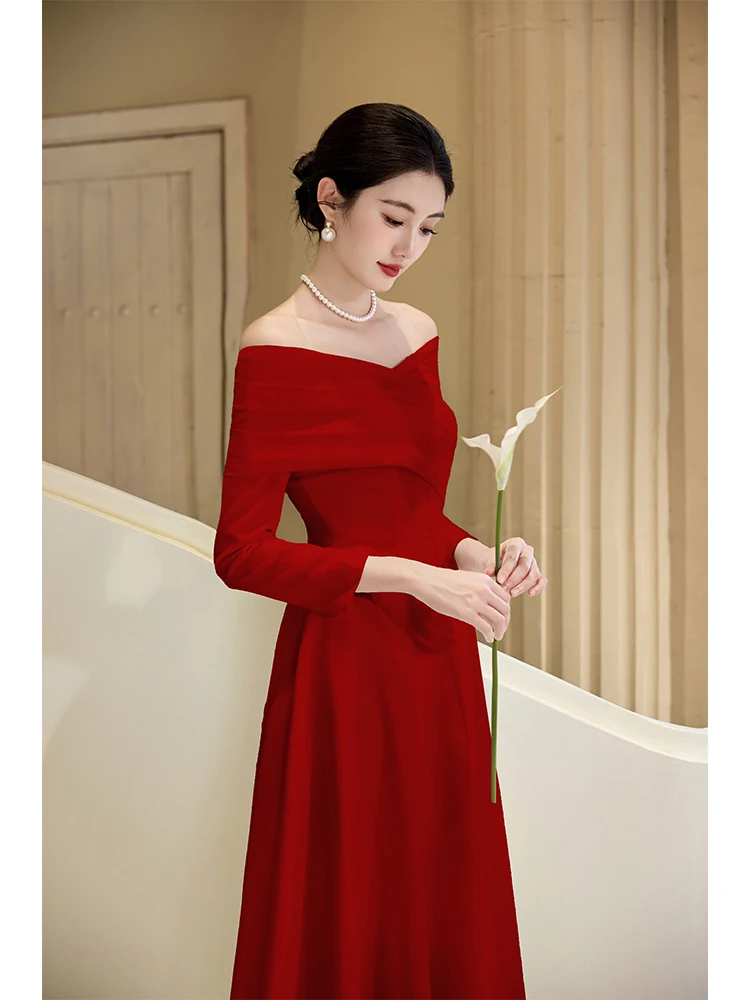 

Ele Red Long Sve One oulder Wedding Dr Luxury Sensation Evening Gown for Engagement Par Bridal ower Return Home