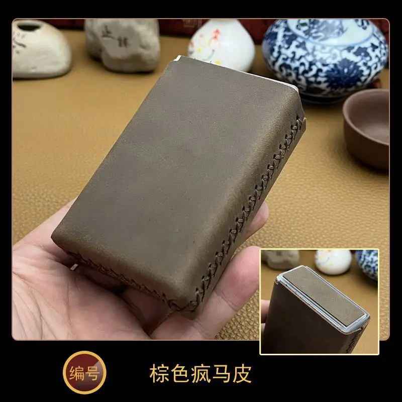 Hand-stitched Cowhide Leather Cigarette Case 20 King size Men\'s cigarette Box Cover Anti-pressure Cigarette Holder Protective