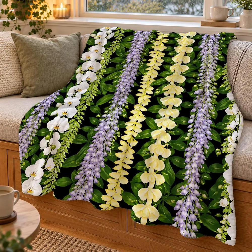 Vertical Floral Garland Set Throw Double Sided Flannel Throw Blanket Soft Warm Washable Home Decor