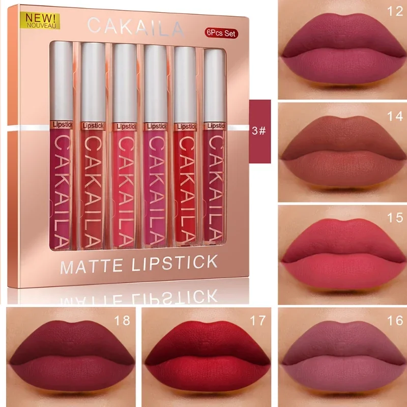 6-delige lippenstiftset Matte lipgloss Waterdicht Langdurig Lipglazuur Tint Vloeibare lippenstift Anti-aanbak Cup Make-up Schoonheid Cosmetica