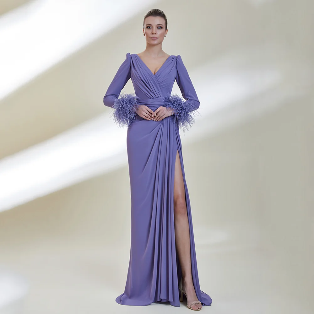 

Lavender Evening Dress Feathers Long Sleeve V Neck Pleat High Slit Chiffon Mermaid Prom Gown Saudi Party Dresses Custom Color