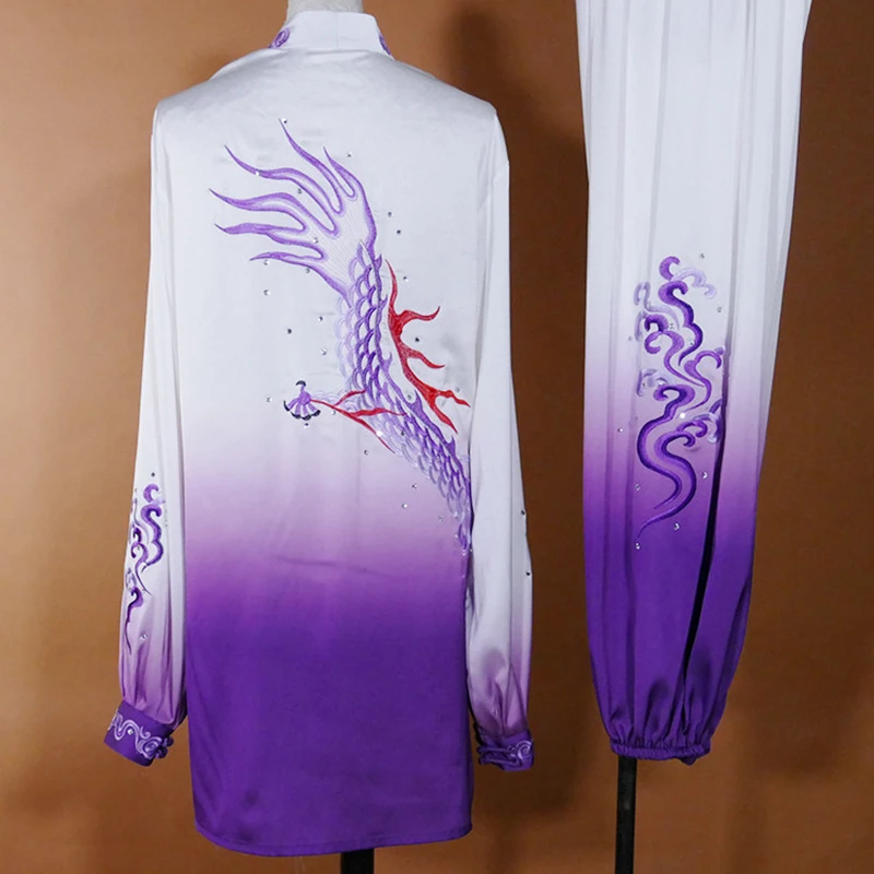 High-end Embroidered Tai Chi Performance Uniform Tai Chi Competition Suit White Purple Gradient Dragon Phoenix Mid-Length Custom