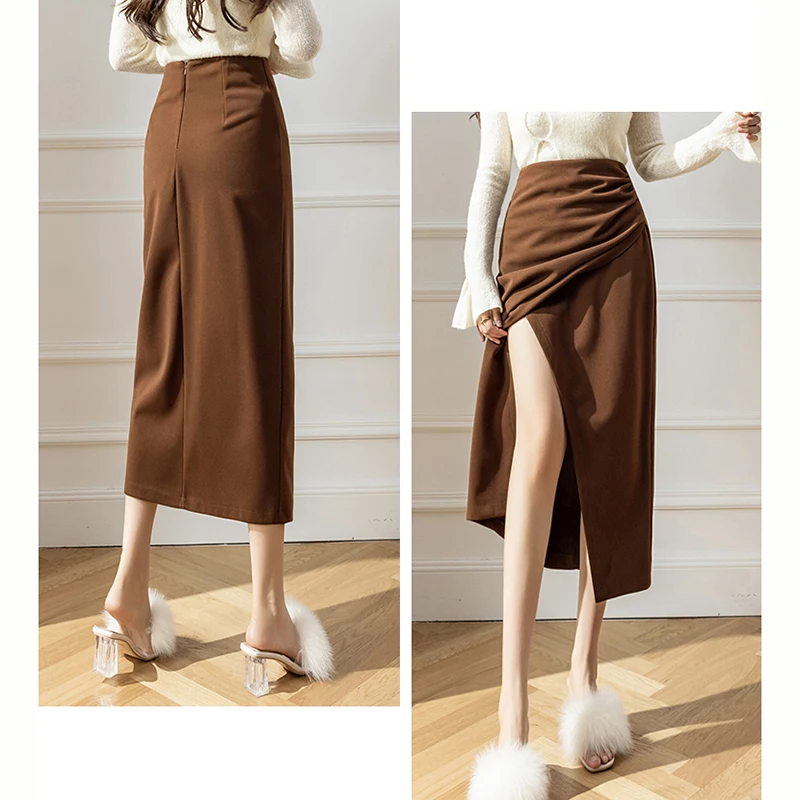 Fashion Korean Winter Woolen Midi Skirt Women Sexy Side Slit Crossed Bodycon Pencil Skirts Elegant High Waist Wrap Faldas Largas