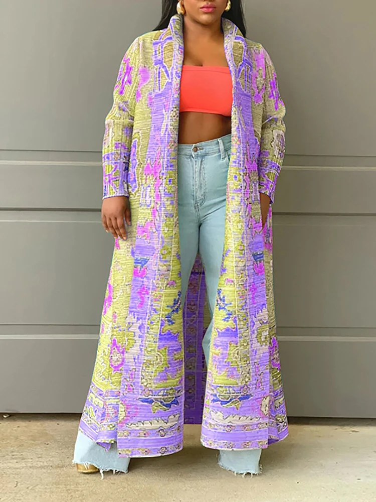 Office Casual Long Sleeved V Neck Robe Cardigan 2026 Elegant Warm Woman Jacket Autumn Winter Pattern Printed Loose Woolen Coat