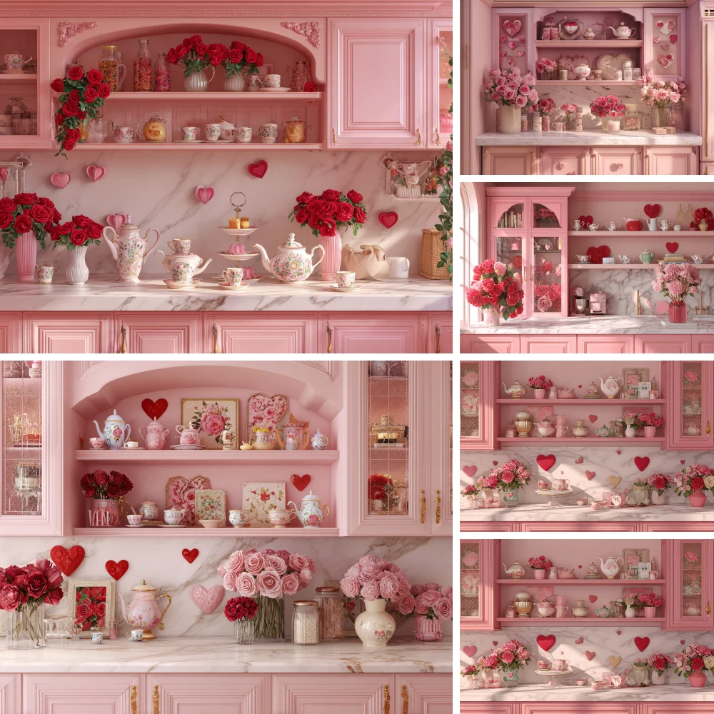 

Valentine's Day Kitchen Photo Background Kitchenware Cabinetry Backdrops Photography Love Decoration Poster Wallpaper