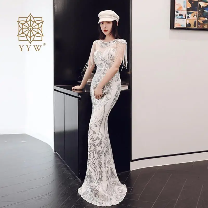 Elegant Evening Mermaid Dress For Women Embroidery Sequins Maxi Ball Gown Ladies Tassel Luxury Robe Backless Sexy Banquet Dress