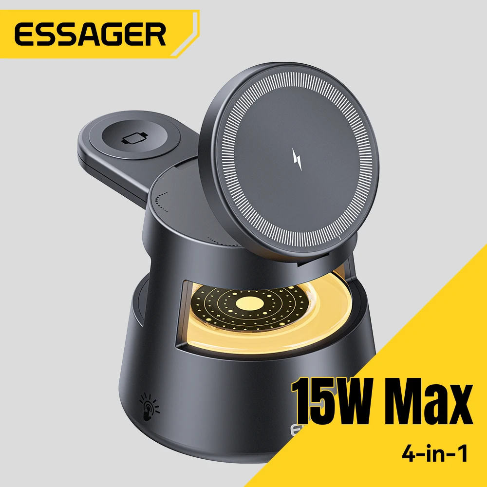 Essager 4 in 1  Wireless Charger Fast Charging Dock Stand Night Light For Magsafe iPhone 16 15 14 13 Airpods Pro 2-8 Apple Watch