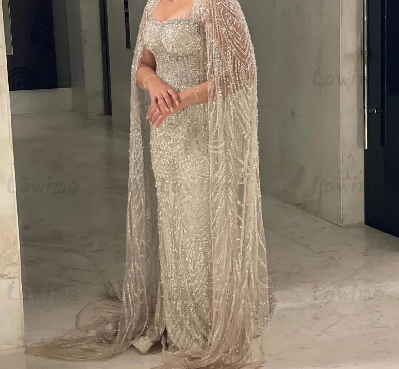 ชุดราตรีคุณภาพสูงแบบทางการ แขนเสื้อคลุมสไตล์ซาอุดิอาระเบีย ชุดราตรีงานพรอมประดับลูกปัด ชุดยาวสำหรับผู้หญิง ชุดออกงาน ชุดราตรีสั่งตัดได้