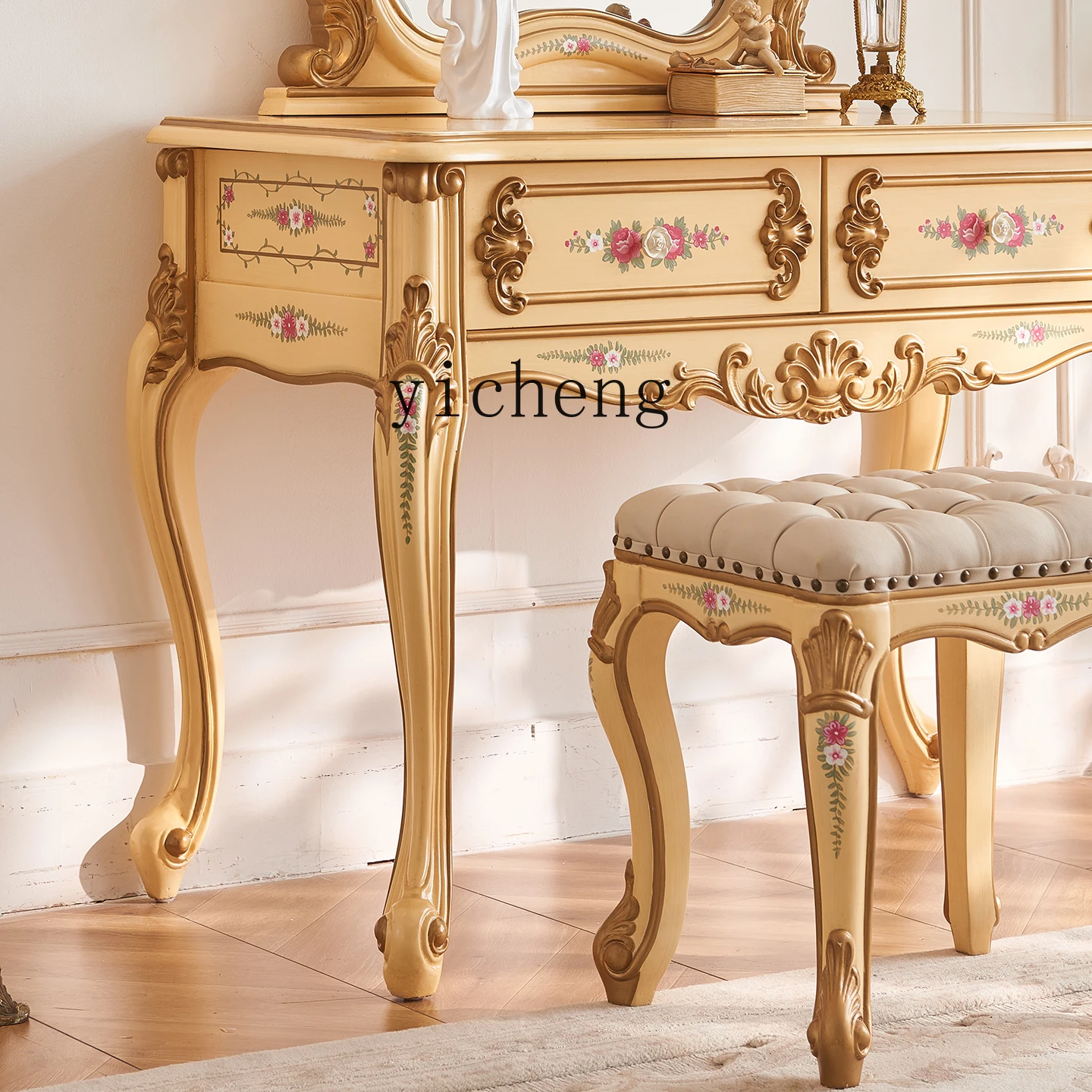 

LX Yellow Solid Wood Bedroom Makeup Table Dressing Table Pastoral Vintage Palace Style Painted Solid Wood Bedroom