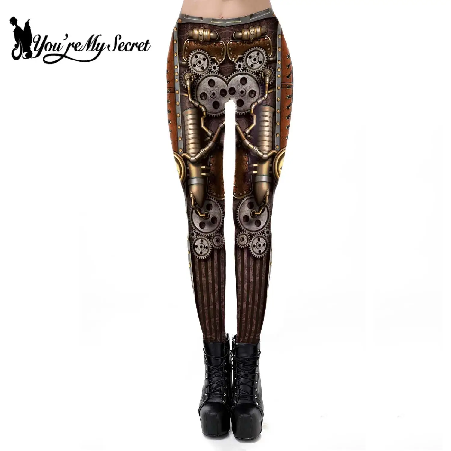 [Vous êtes Mon Secret] Leggings Femmes Vintage Engrenages Mécaniques 3D Imprimé Taille Médiale Femmes Pantalons De Fitness Sans Couture Noir Punk