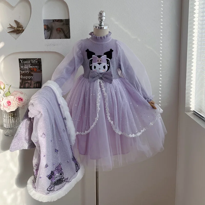 

Anime Kuromi Lolita Dress and Cloak Set Knitted Sweater Splicing Mesh Princess Dress Party Dress Autumn Winter Holiday Gift