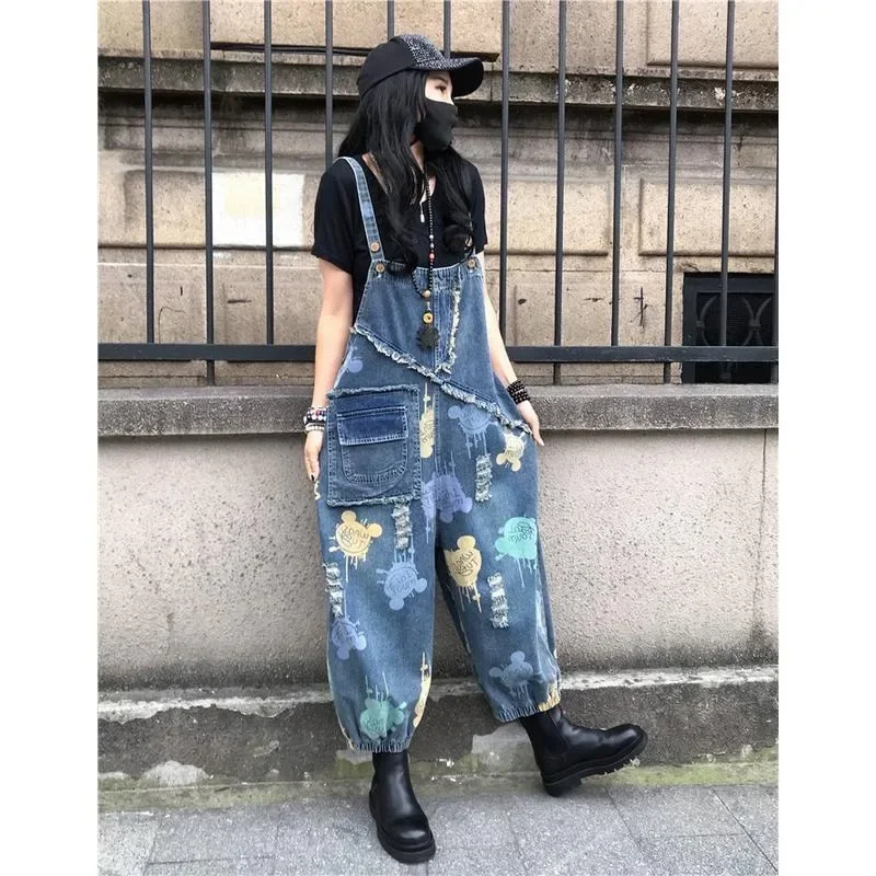 Frühling Herbst Cartoon Print Jeans Overalls Frauen Große Taschen Lose Denim Strampler Weibliche Retro Overalls Hosen