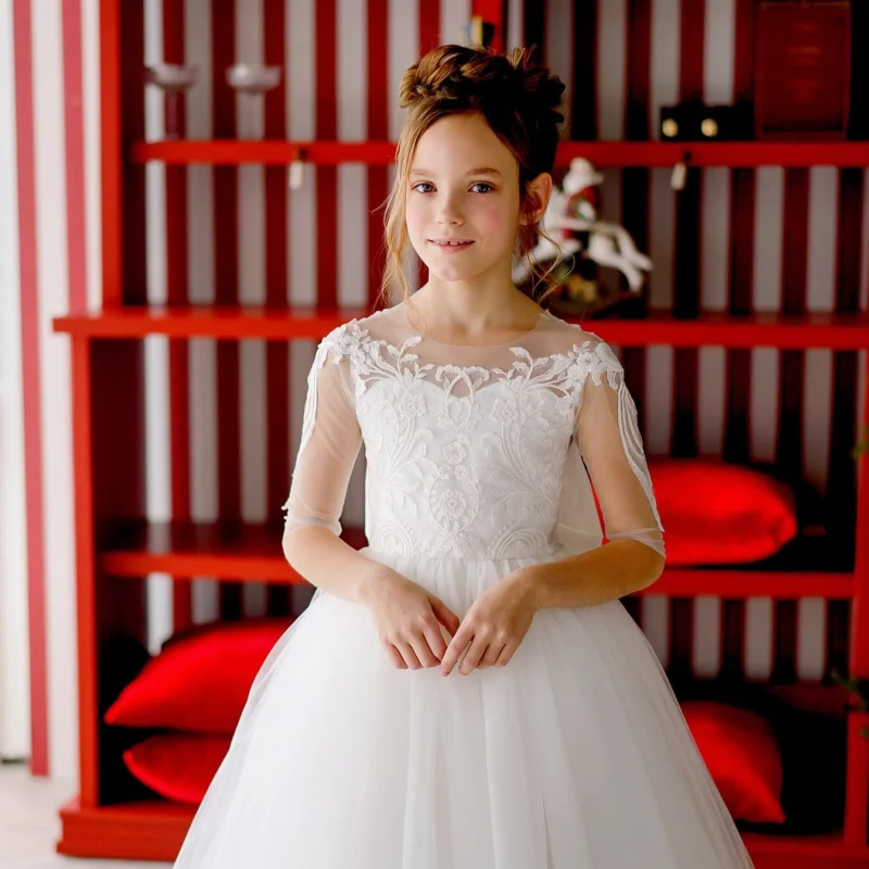 Vestidos blancos de flores para niña, apliques de tul con lazo y cola, media manga para boda, fiesta de cumpleaños, vestidos de primera comunión