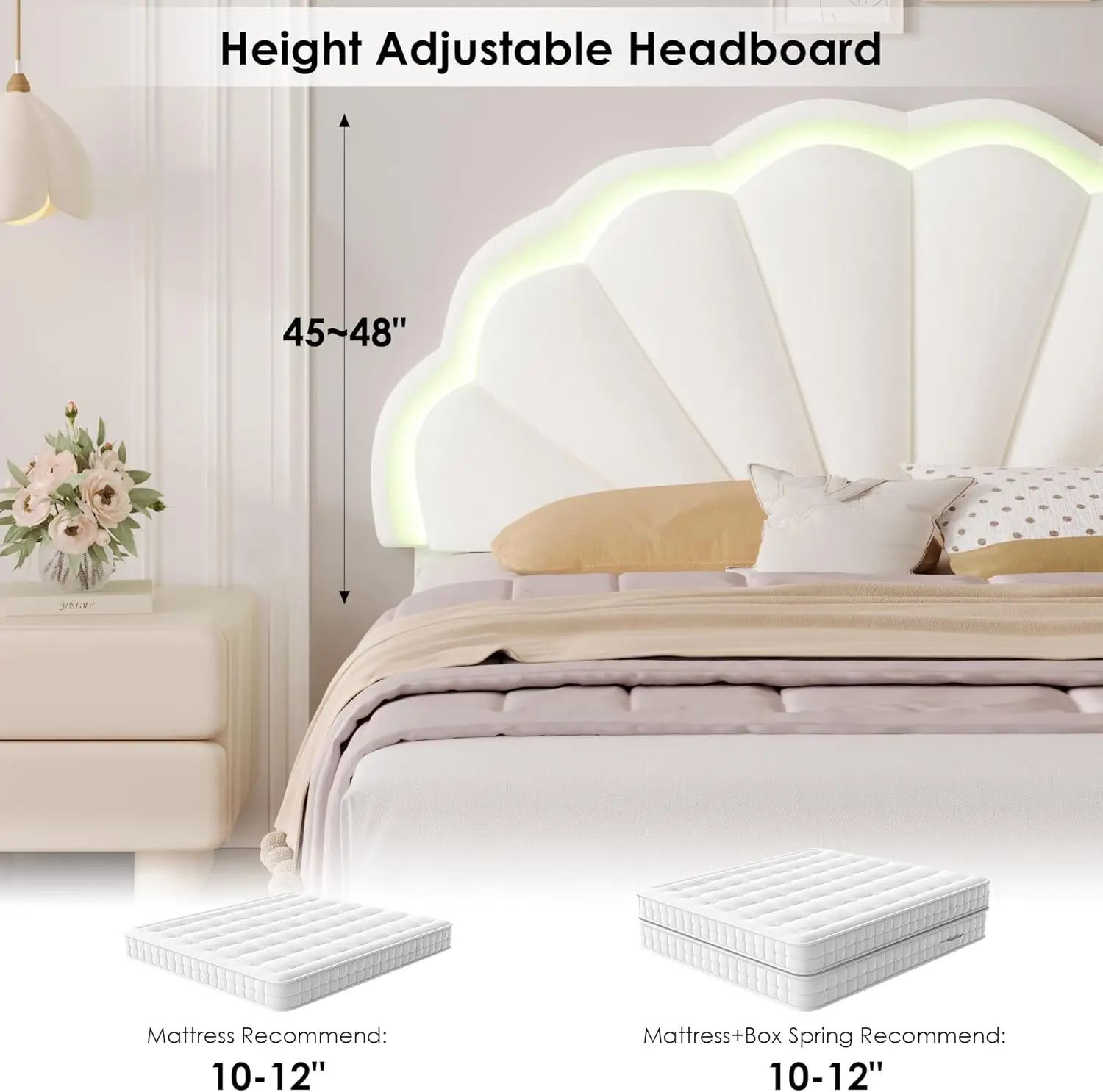Upholstered Smart LED Bed Frame with 2 Storage Drawers & Adjustable Chic Double Petal Headboard, Velvet Princess